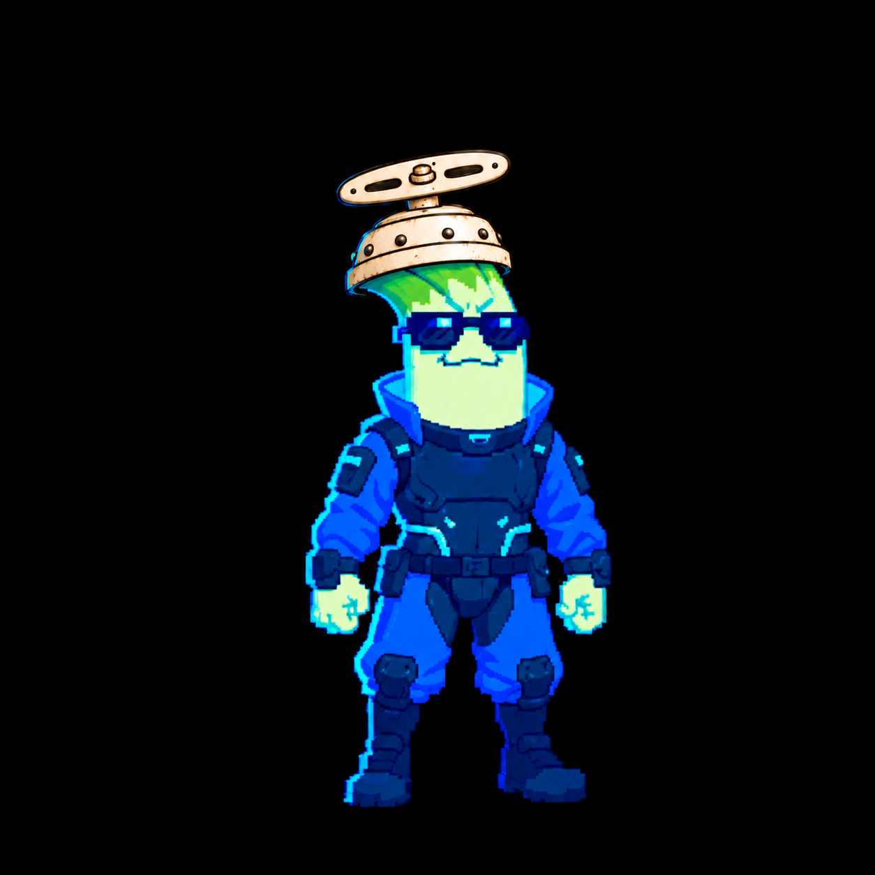PQCLeak blue tactical mascot with a valve on its head